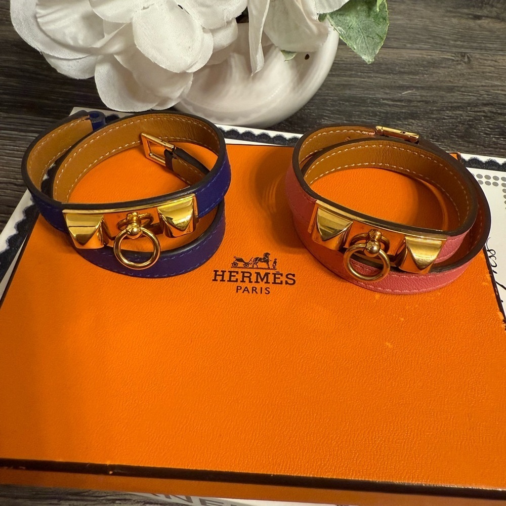 HERMES Set of 2 Pink and Blue Rivale Double Tour Wrap Bracelet - Size S & XS